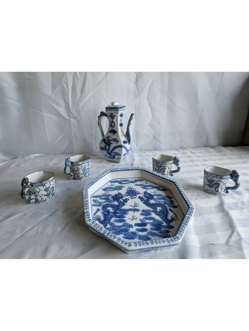Vintage Chinese Blue White Porcelain Dragon Tea Sake Set Teapot Cups Tray